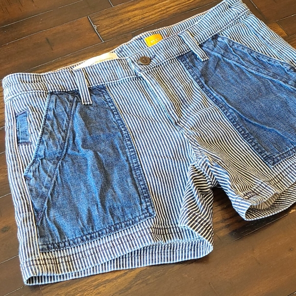 Striped and Denim Patch High-Waist Women’s Shorts - Blue - Picture 5 of 16